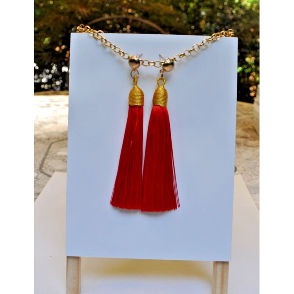 Gold tone post Boho / Gypsy earrings with Red tassel fringe